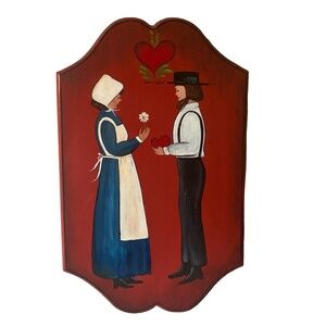 Vintage Amish Painted Wooden Wall Hanging Husband - Wife - Man Woman 11" x 17"